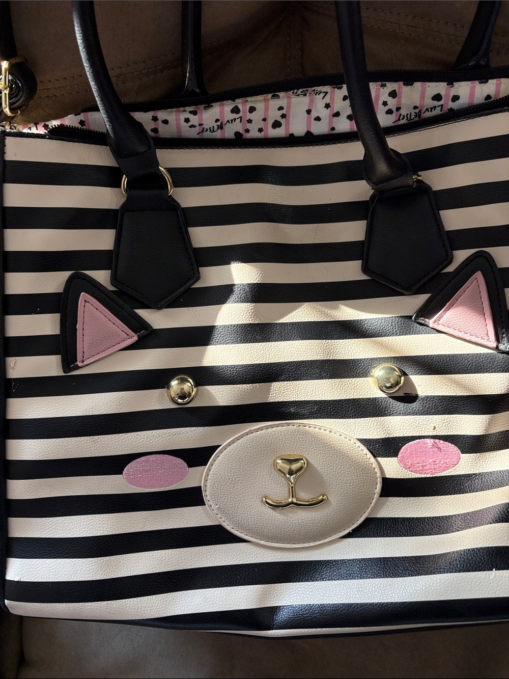 Betsey Johnson Black & White Striped Cat Tote with Pink Accents